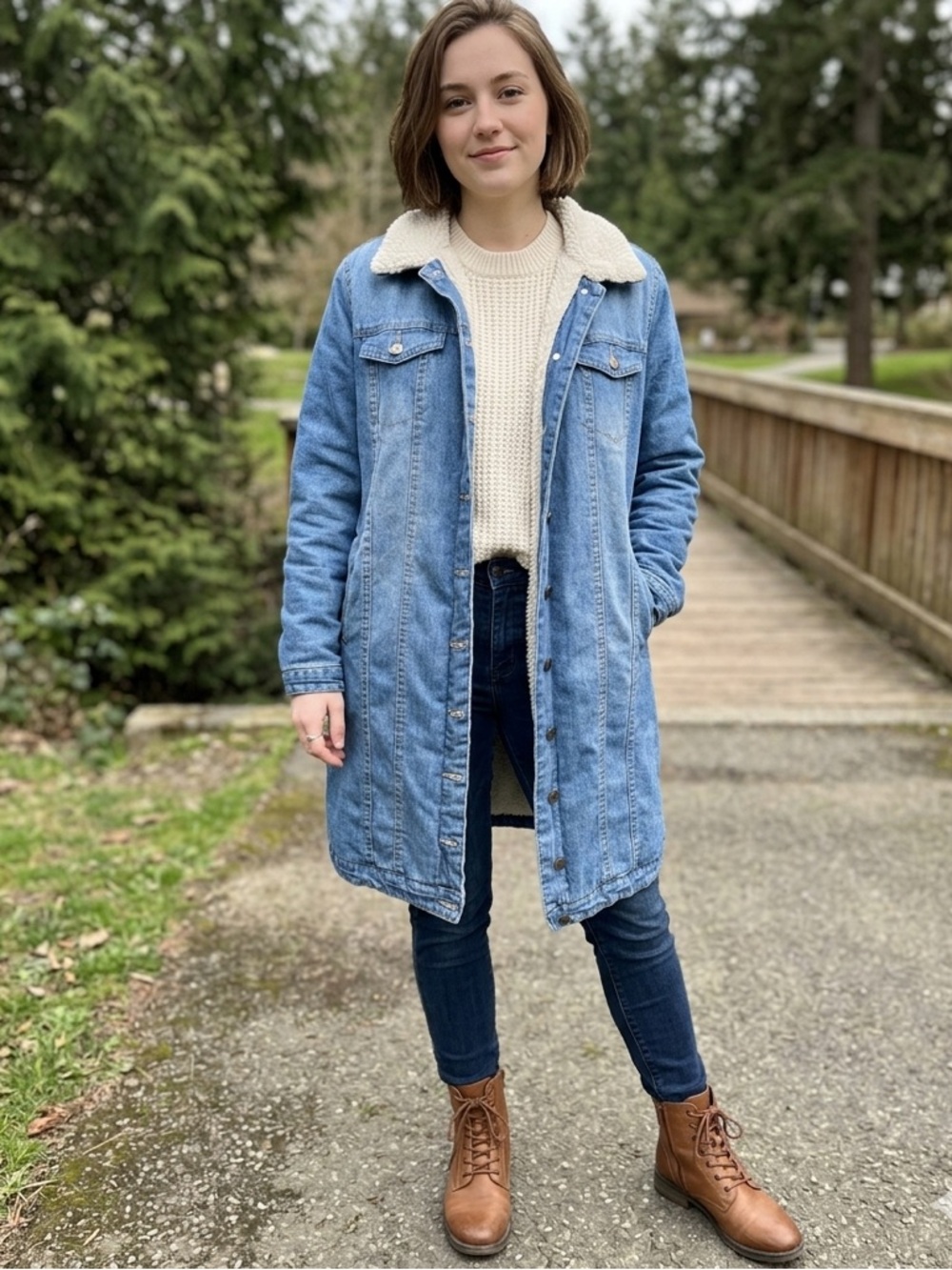 Long Sherpa-Lined Denim Coat - Blue